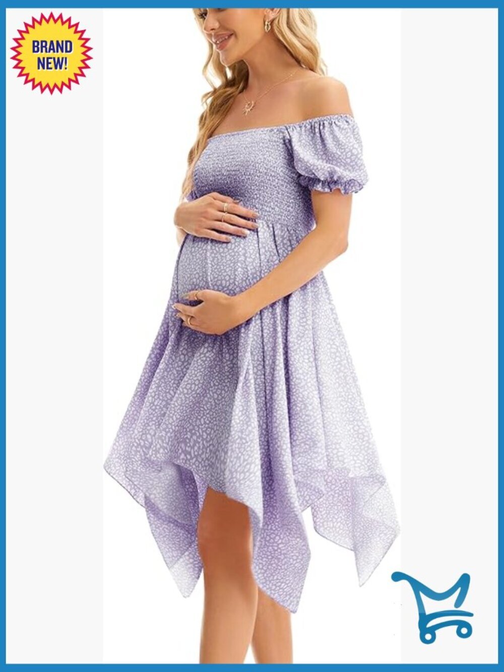 Maternity Summer Dress Puff Sleeve Floral Square Neck Irregular Hem
